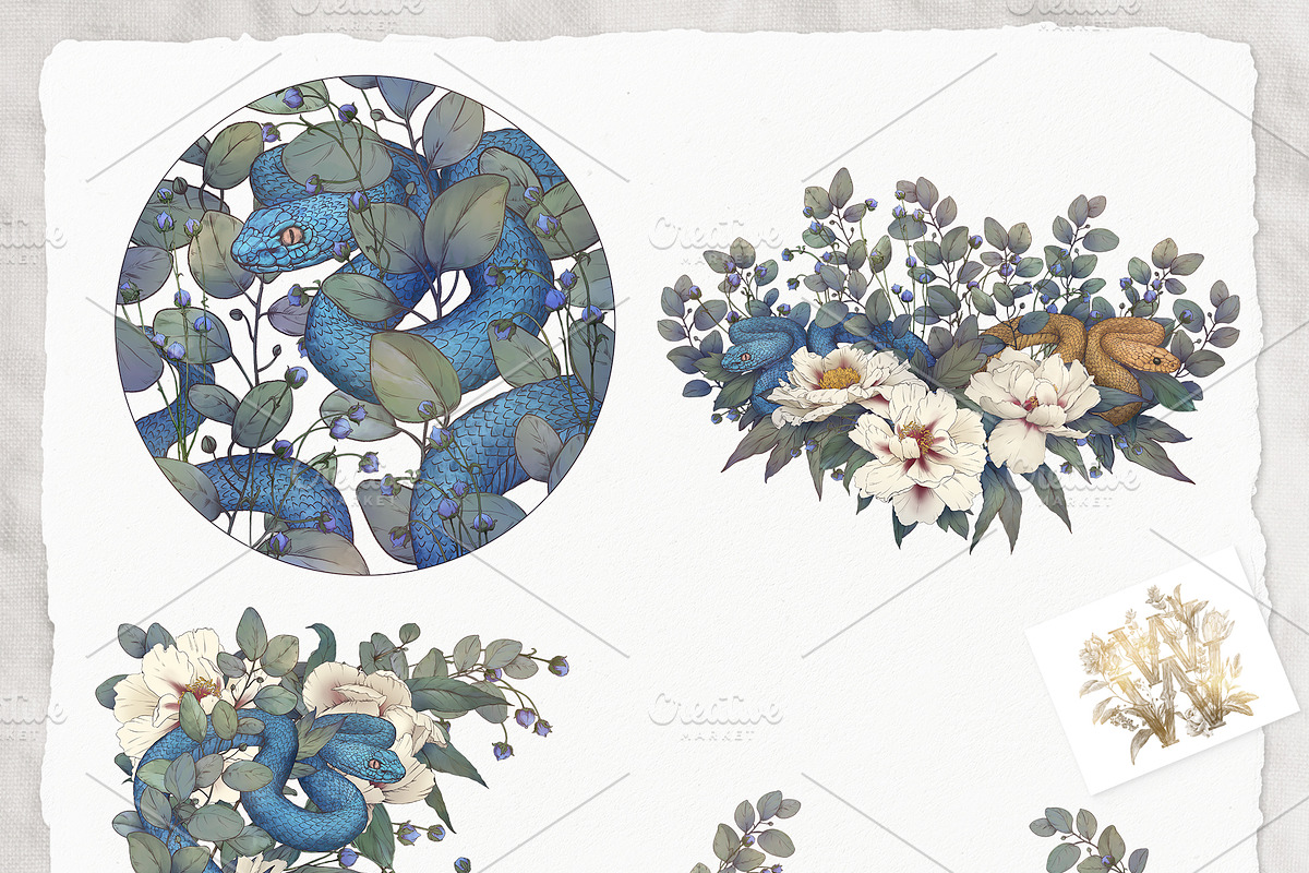 White peonies bouquet, snake clipart, an Illustration by WonderWonder (Photo 2 of 9)