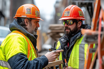 Two construction workers in safety g, a Background Photo by Pixeness