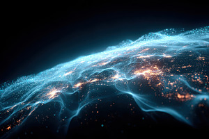 Glowing digital network over curved surface, an Abstract Photo by AlyaAnd