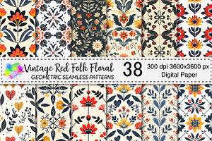 Vintage Red Folk Floral pattern, a Pattern Graphic by Canvas Craft