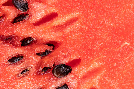 part of a sliced juicy watermelon with black seeds, a Photo by MyPhotos