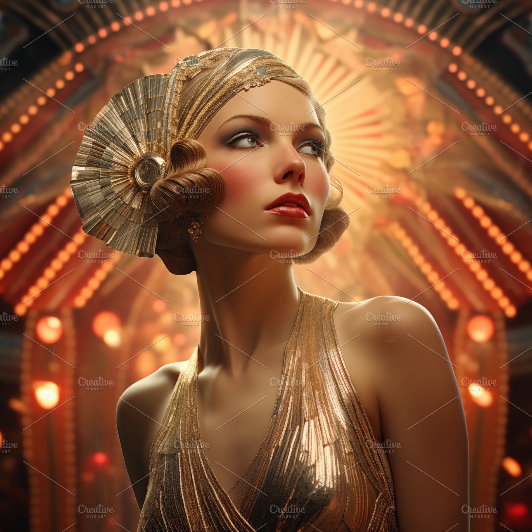 A glamorous woman in a art deco vintage gold dress with art deco elements, feat, an Arts & Entertainment Photo by Textures & Backgrounds