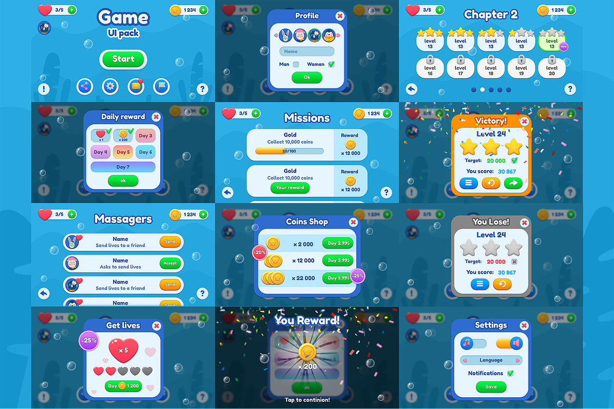 Casual GUI Mobile game UI pack, an Icon by KartInnka (Photo 2 of 24)