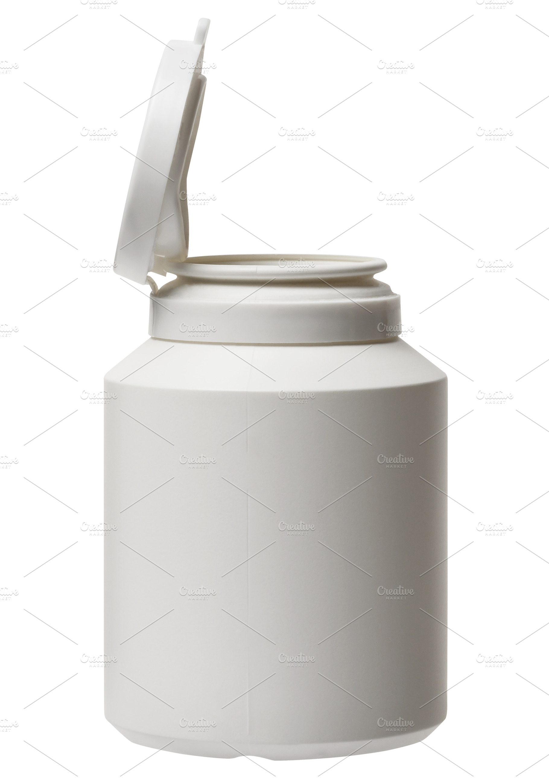 White plastic jar with an open flip-top lid for vitamins or medi, an Industrial Photo by ndanko