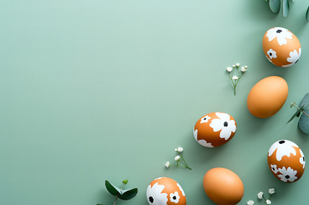 Easter flat lay composition. Easter eggs with flowers and eucalyptus leaves on, a Holiday Photo by photoguns