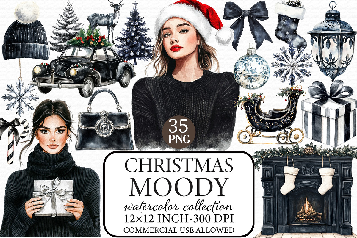 Watercolor Moody Christmas Clipart, an Illustration by Libby Wishes (Photo 1 of 7)