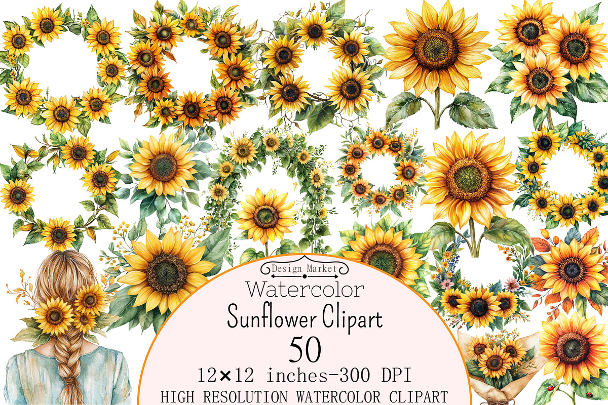 Watercolor Sunflower Clipart, a Seasonal Illustration by Design Market (Photo 1 of 5)