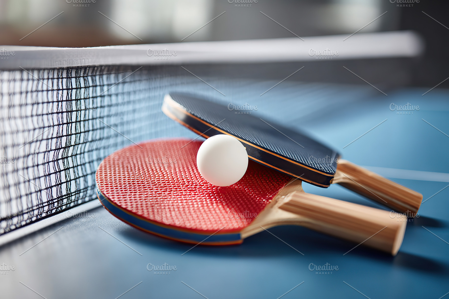 Table tennis paddles and ball resting next to the net on a blue surface in a sp, a Photo by AlyaAnd