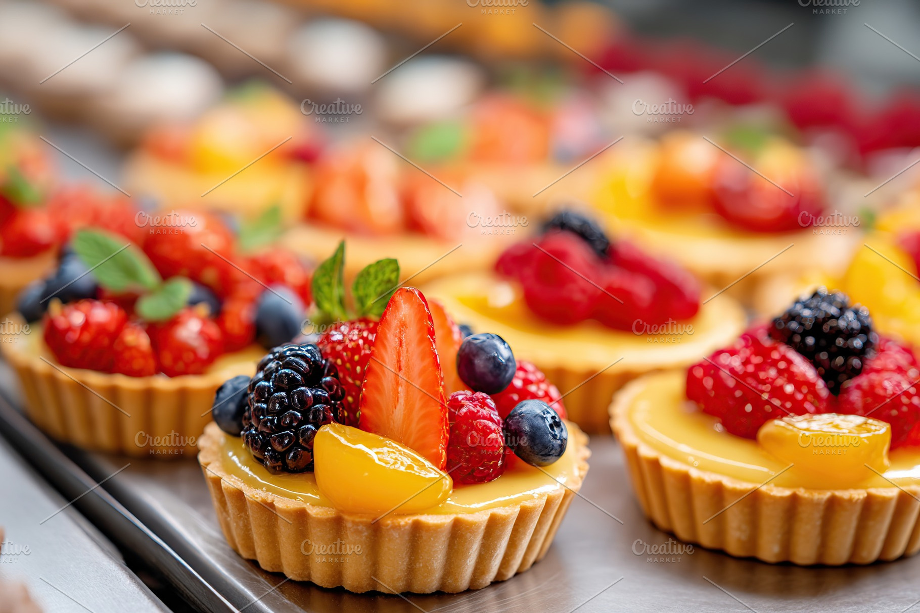 Fruit tarts with custard filling and fresh berries displayed at a bakery, a Food & Drink Photo by AlyaAnd