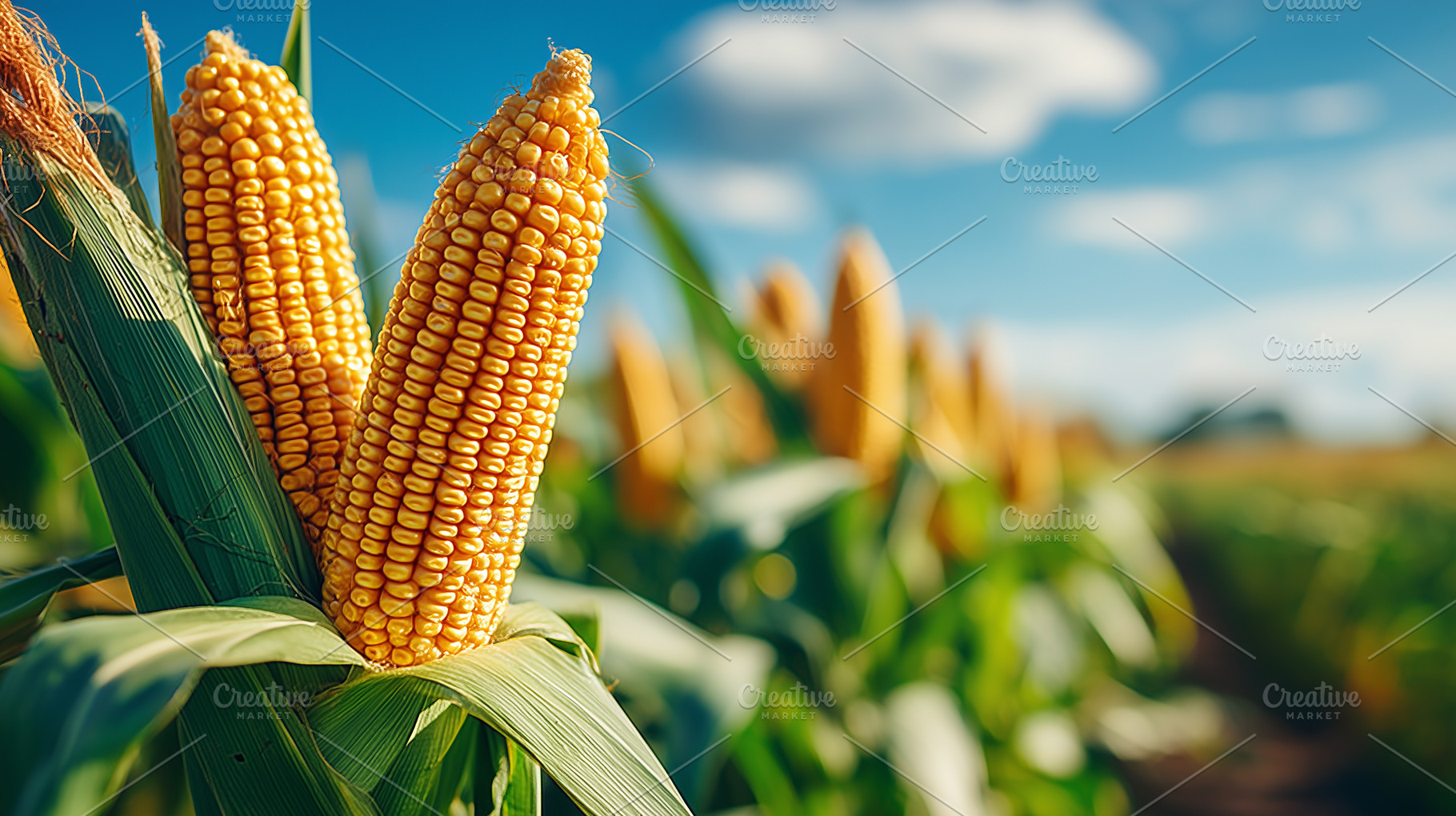 Ripe corn cobs on a field in sunny, a Nature Photo by MistyDay