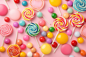 Colorful rainbow lollipops and candies on pink background, a Food & Drink Photo by AlyaAnd
