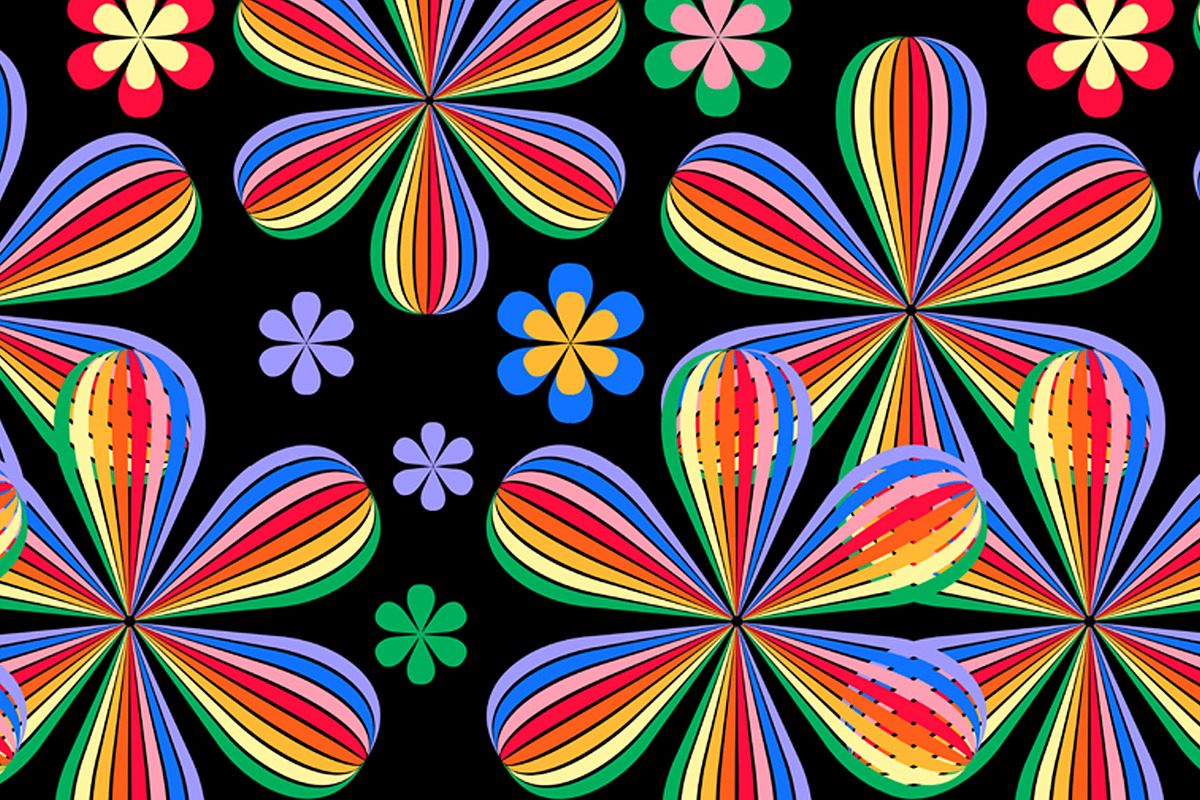 Rainbow Floral on Black Seamless Rep, a Pattern Graphic by Sharon Schwalbe (Photo 1 of 2)