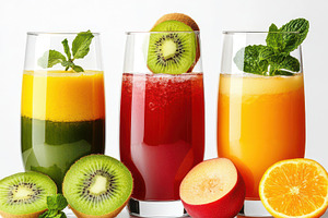 Three layered fruit juices in glasse, a Food & Drink Photo by Pixeness Studio