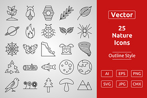 Outline Nature Icons Isolated On Whi