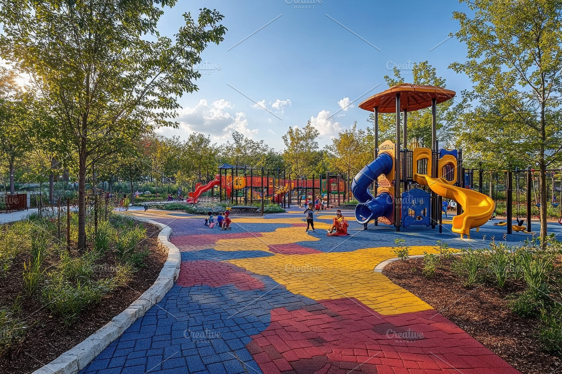 Colorful playground filled with chil, a Photo by Tanuart