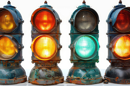 Vintage Traffic Lights Displaying Different Signals in a Collage, a Photo by AS photostudio