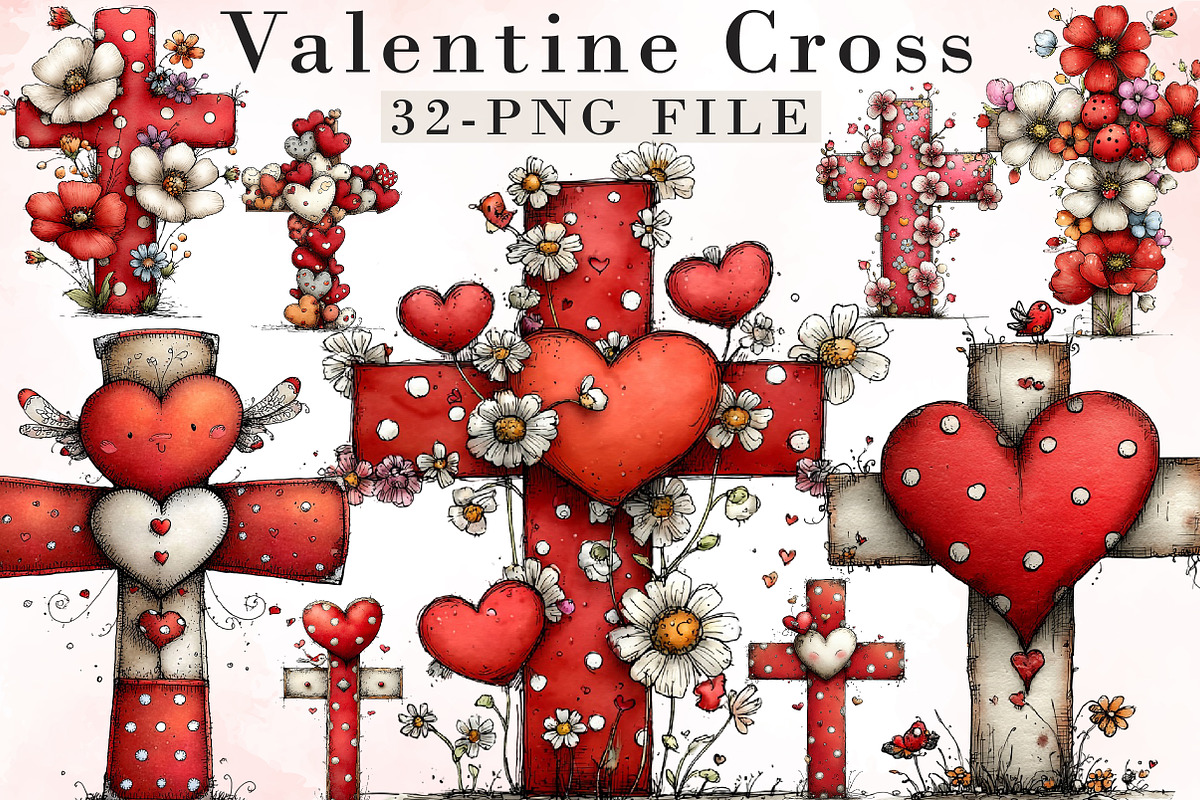 Whimsical Valentine Cross Clipart, an Illustration by Libby Wishes (Photo 1 of 9)
