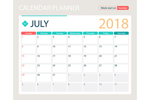 JULY 2018, Illustration Vector Calendar Or Desk Planner, Weeks Start On Sunday