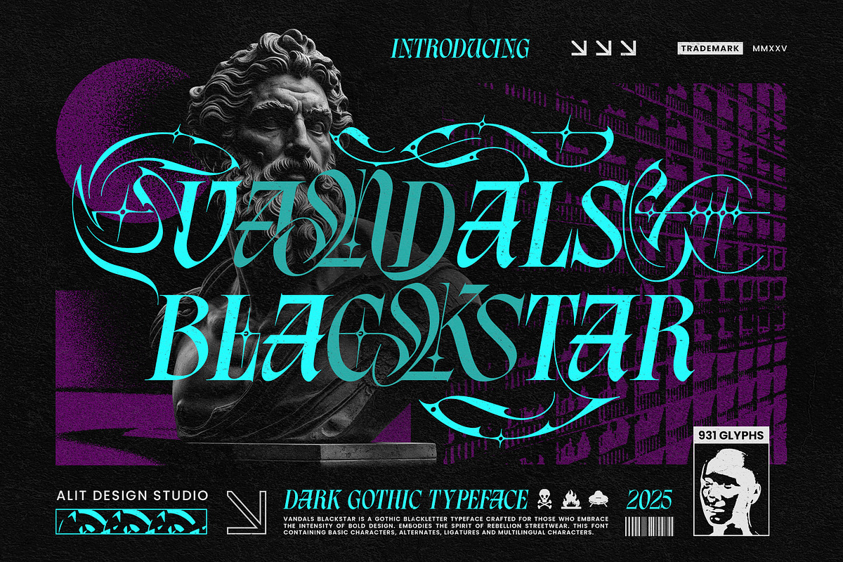 Vandals Blackstar Typeface, a Blackletter Font by alit design (Photo 1 of 20)