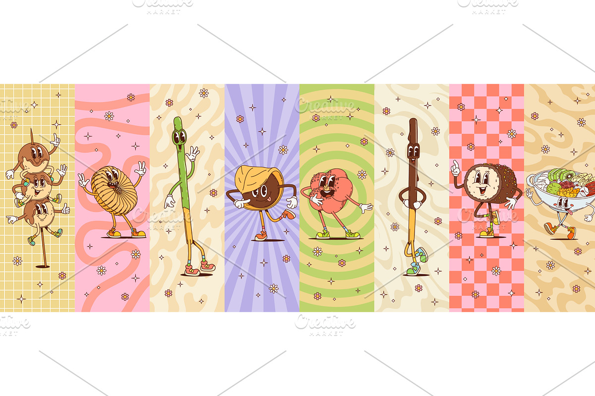 Cartoon groovy japanese desserts, a Food Illustration by Vector Tradition