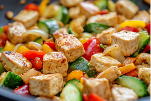 Colorful stir fry with tofu, bell, a Food & Drink Photo by Lermont51