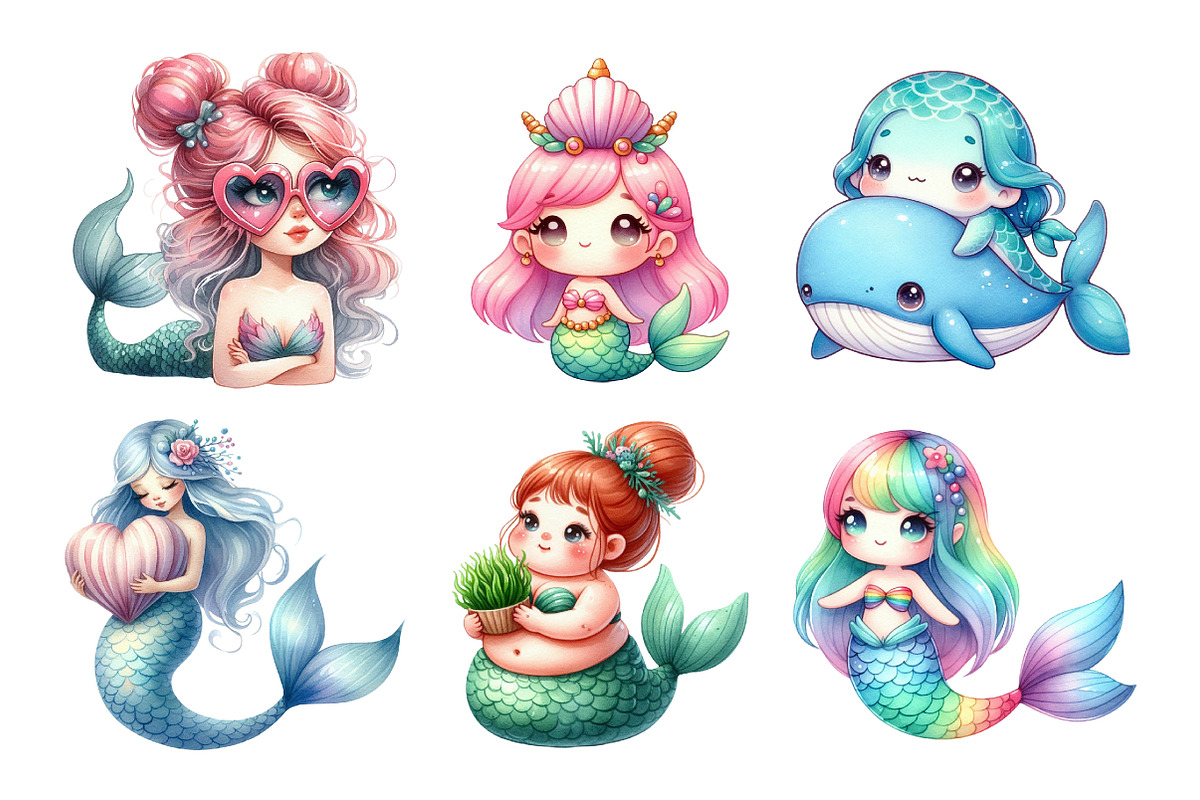 Kawaii Mermaid Clipart Bundle, an Illustration by Daily.Designs (Photo 2 of 4)
