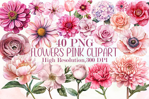Watercolor Flowers Pink Clipart Set, an Illustration by Sublimation Artist