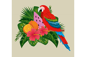 Parrot With Exotic Fruits In The