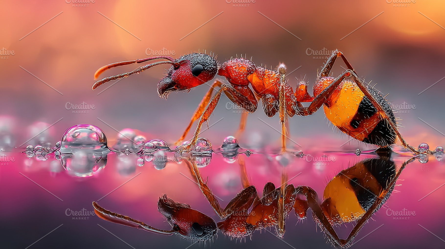 Red ant on water surface sunset refl, a Photo by Pixeness Studio