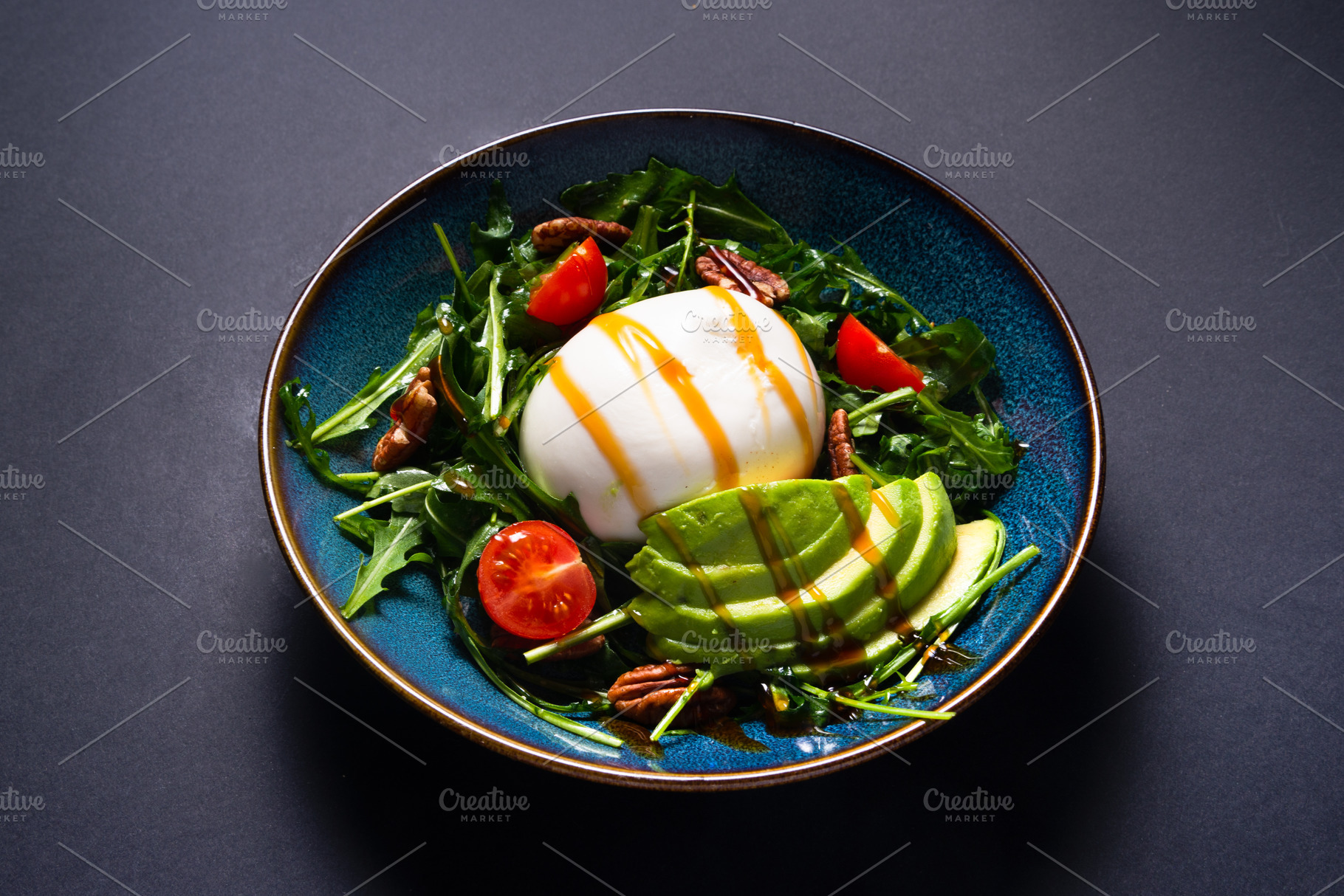 salad, arugula, avocado, burrata, cheese, balsamic, balsamic gla, a Food & Drink Photo by MDBildes