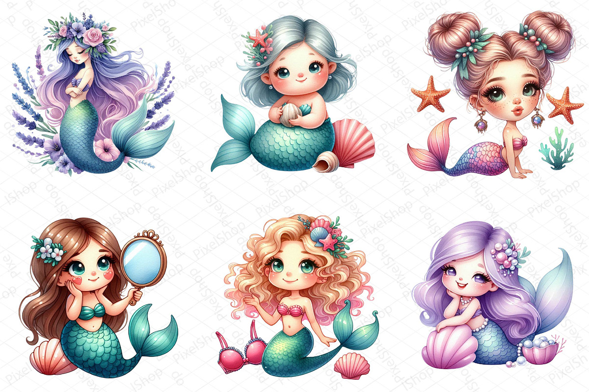 Cute Mermaid Watercolor Clipart, an Illustration by DreamPrint404 (Photo 6 of 6)
