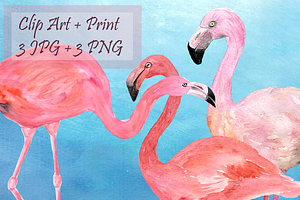 Watercolor Flamingoes Clip Art+Print, an Object Graphic by Tati Bordiu