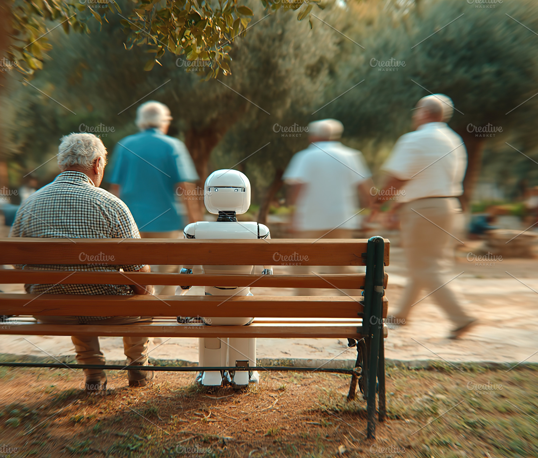 Robot sits on a bench beside an elderly man in a park during a sunny afternoon, a Photo by AlyaAnd