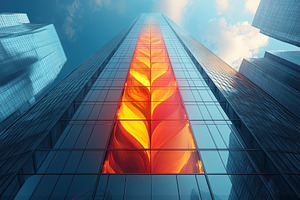 Modern skyscraper facade featuring v, a Photo by Tanuart