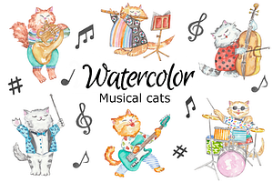 Musical cats watercolor clipart