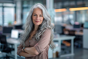 Portrait of attractive mature woman with long gray hair in business office, a Person Photo by AlyaAnd
