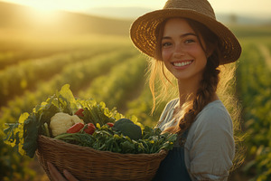 A young woman in a straw hat smiles while holding a basket of fresh vegetables, a Person Photo by Textures & Backgrounds