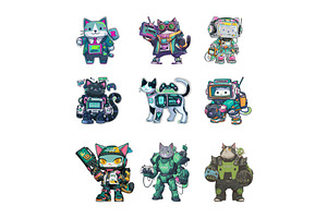 Cyberpunk cats cartoon vector set, an Animal Illustration by Onyx