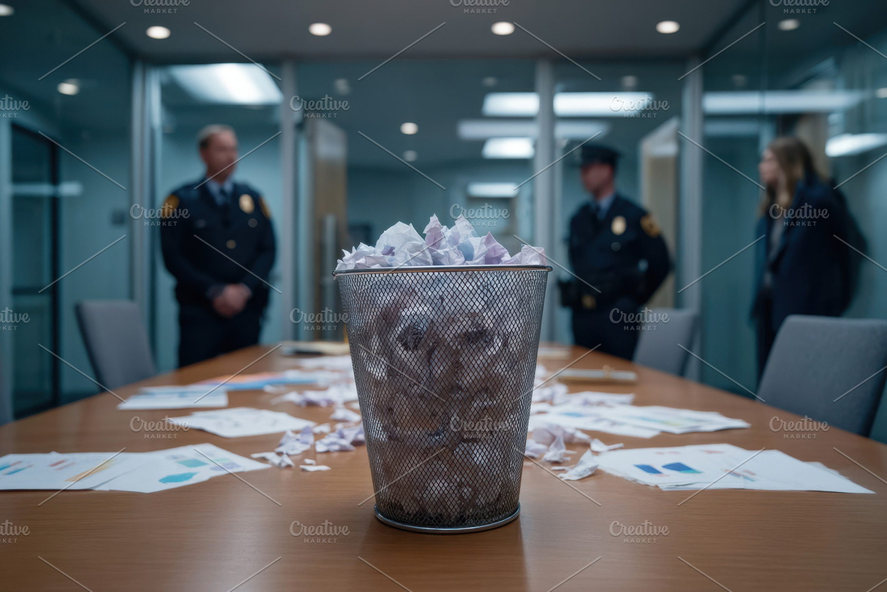 Investigation in a conference room with crumpled papers, a Business Photo by AlyaAnd