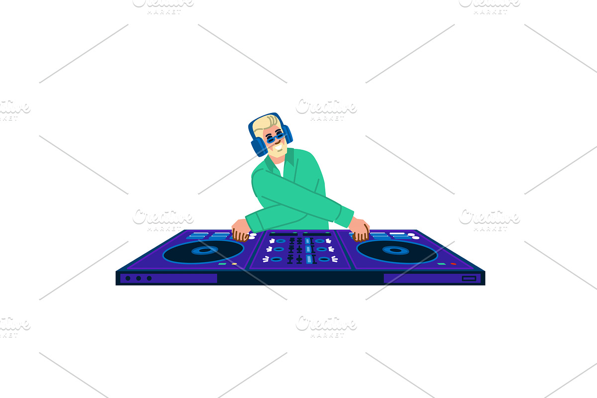 Smiling dj playing music at, a Technology Illustration by pikepicture