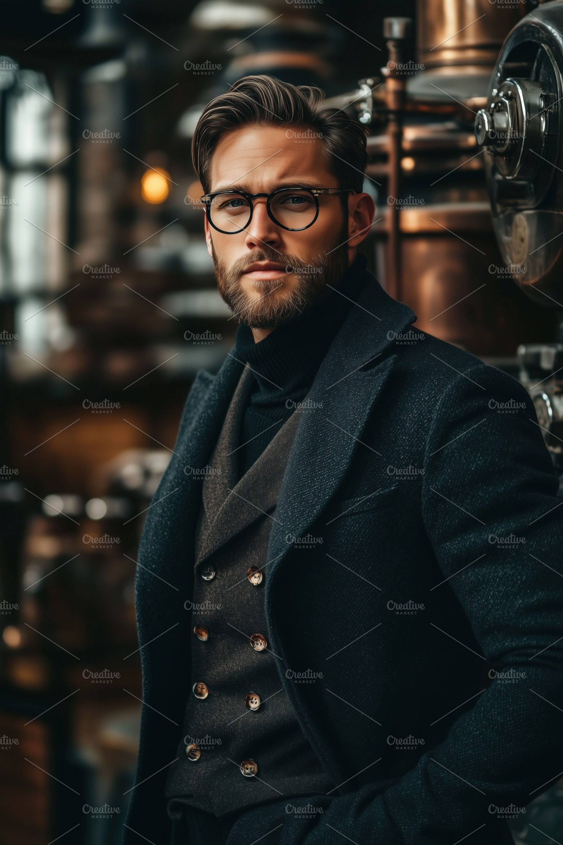 A stylish industrial designer man with glasses and a beard, wearing a dark coat, a Person Photo by Textures & Backgrounds
