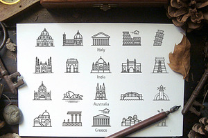 80 landmarks line icons, an Outline Icon by Tettygreen