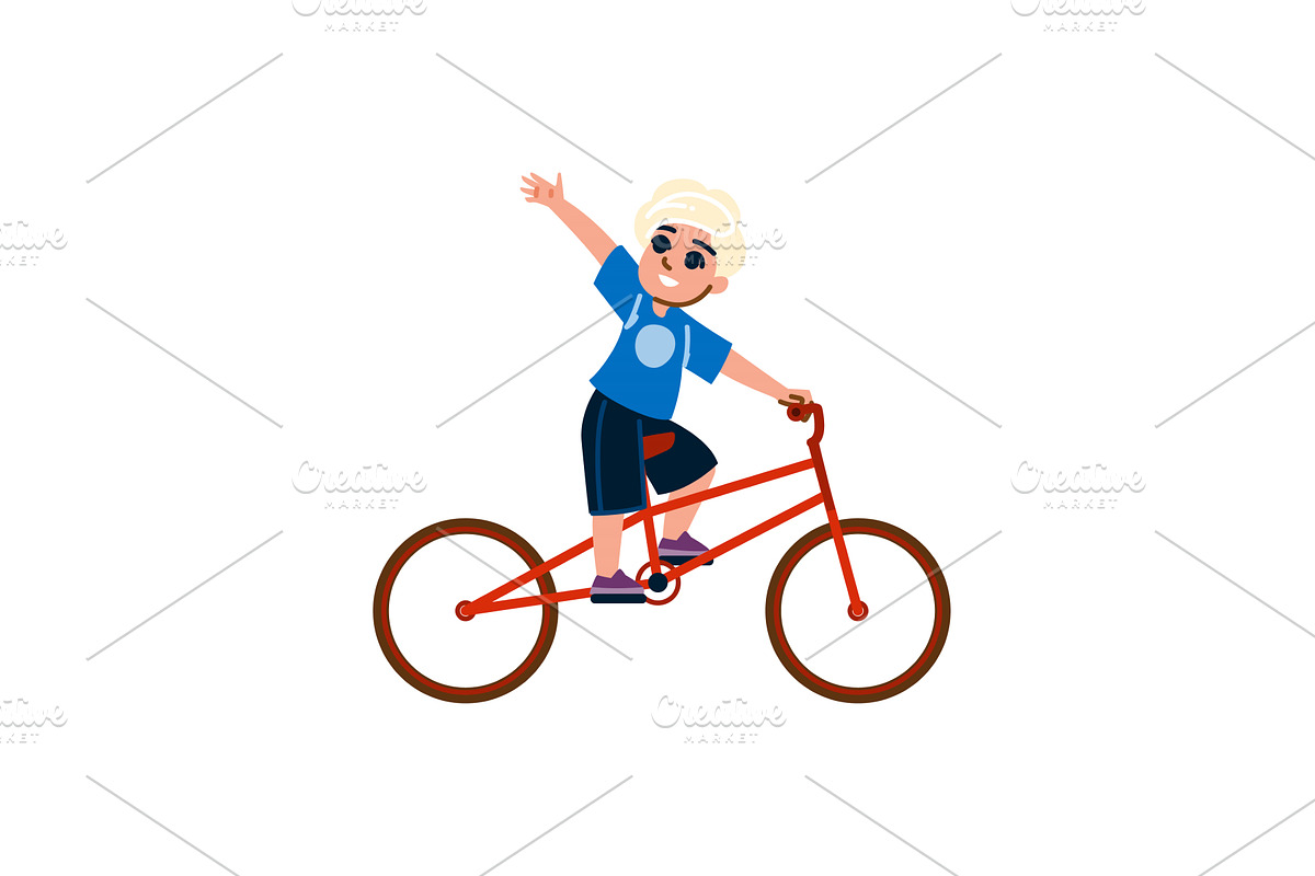 Blond boy riding a bicycle waving, a Sport Illustration by pikepicture