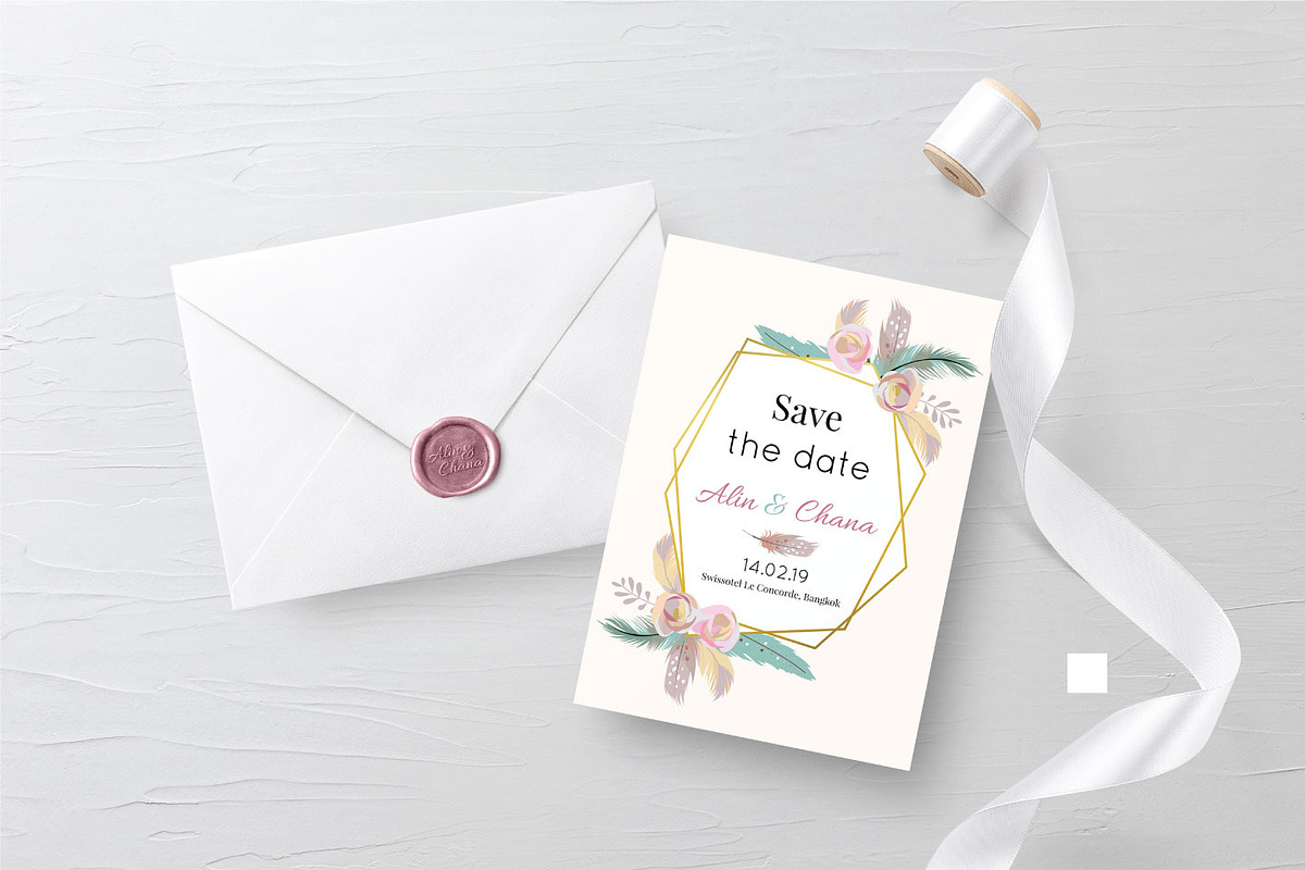 Cute boho wedding invitation set1#, an Invitation Template by Piixypeach (Photo 3 of 7)