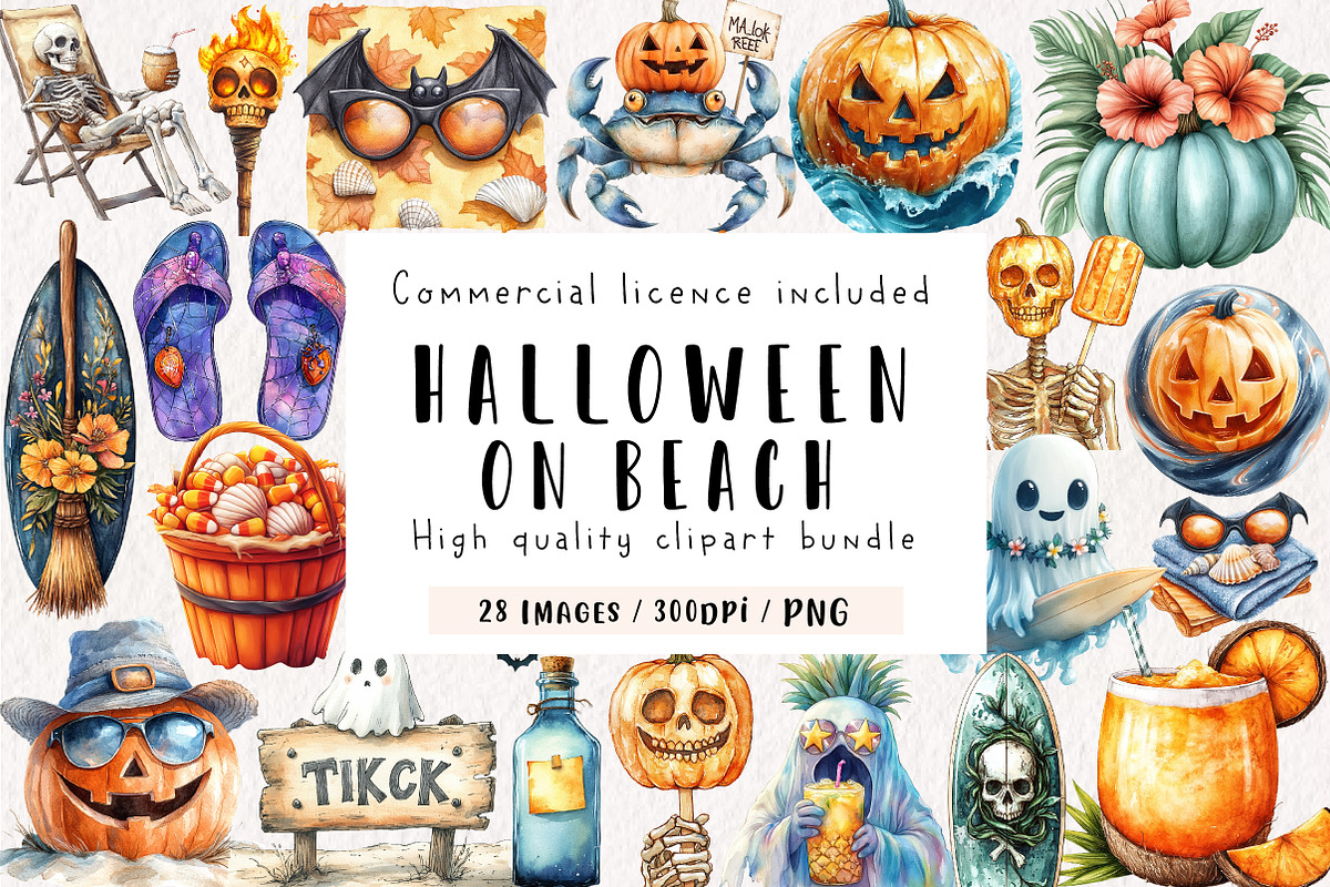 Halloween on Beach Clipart Bundle, an Illustration by CreationArt (Photo 1 of 9)