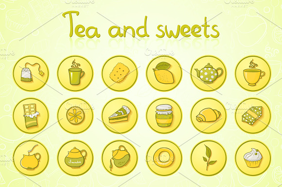 Tea And Sweets Round Icons Set