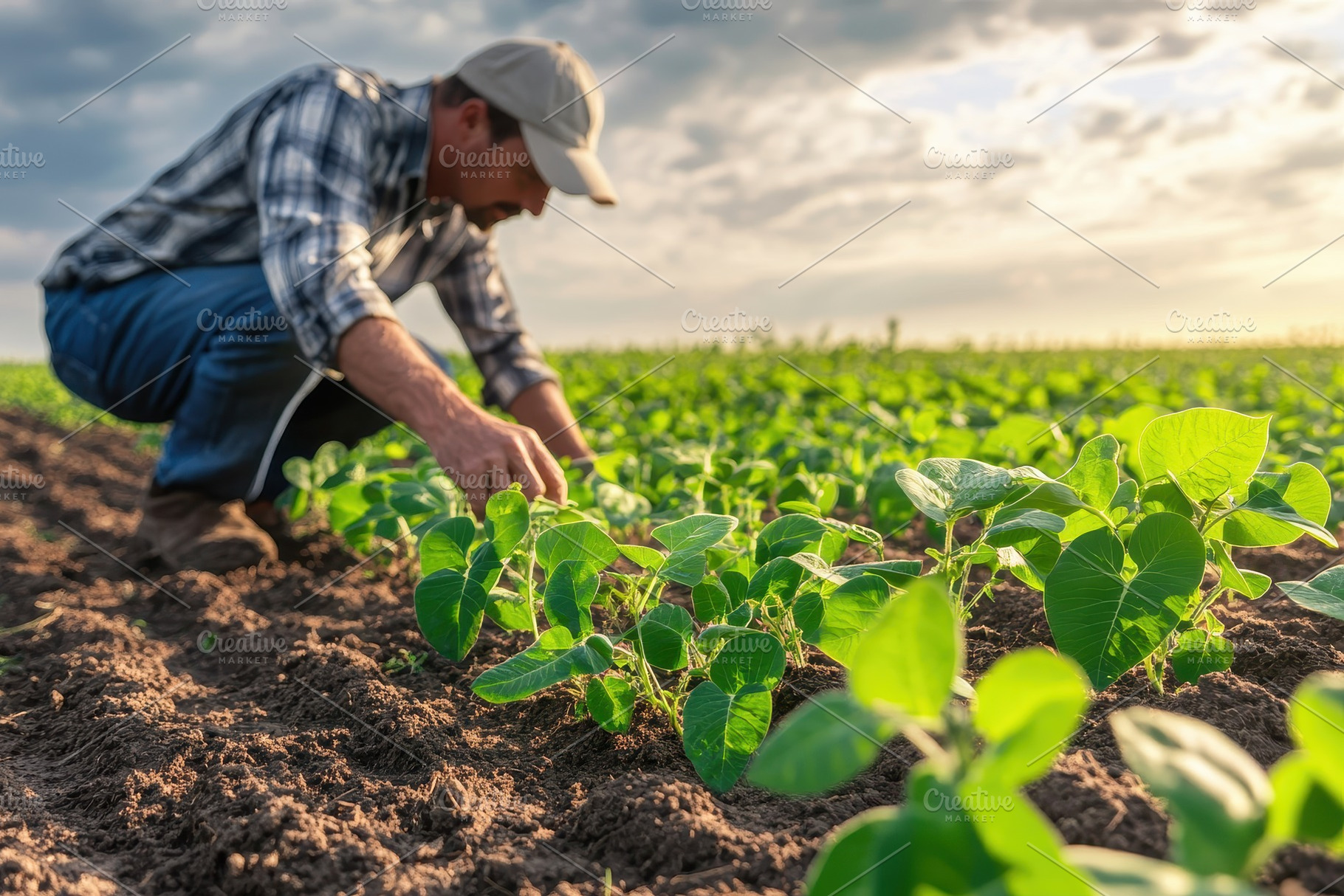 Farmer in the field examine soybean, a Photo by Pavel_design