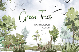 Trees Watercolor clipart. Forest