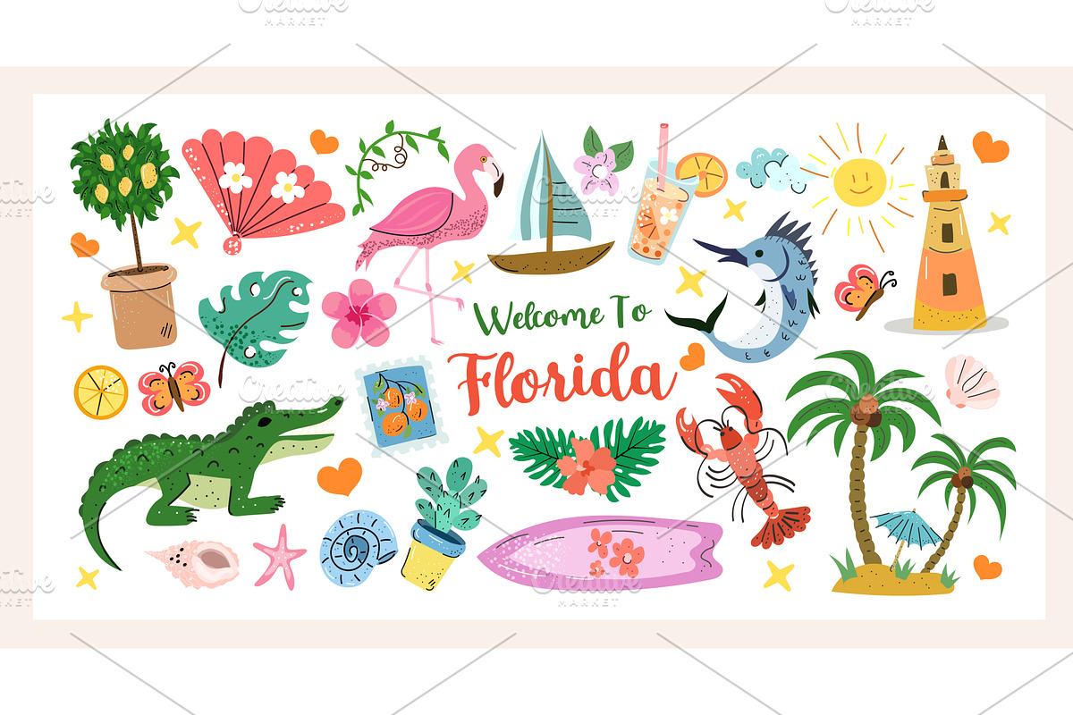 Welcome to Florida Set a colorful, an Animal Illustration by Lucia Fox