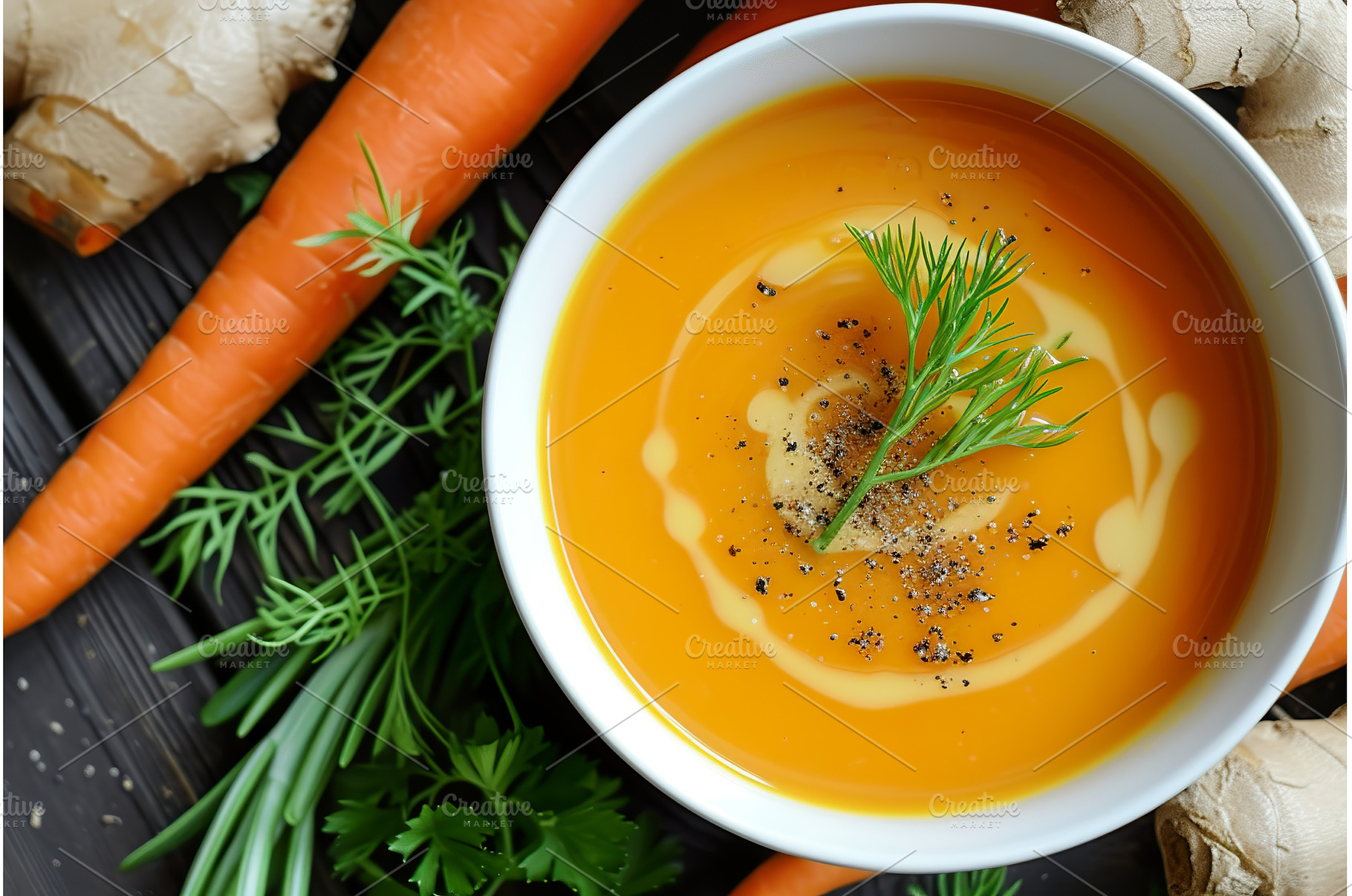 Creamy carrot ginger soup garnished, a Food & Drink Photo by Lermont51